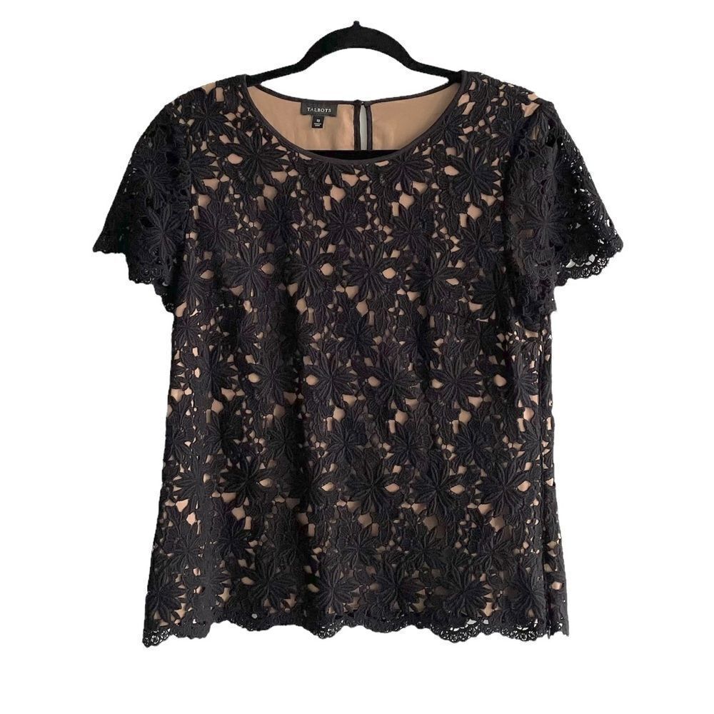 Talbots Black Camel Lace Crew Neck Short Sleeve Blouse Size 10
